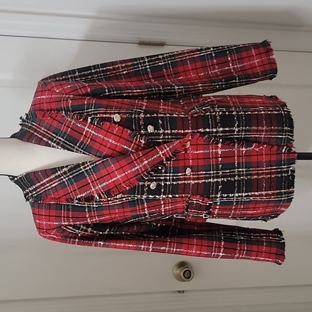 Rachel Zoe Size Tag Removed Plaid Blazer, Frayed Hems, Double Breasted, EUC